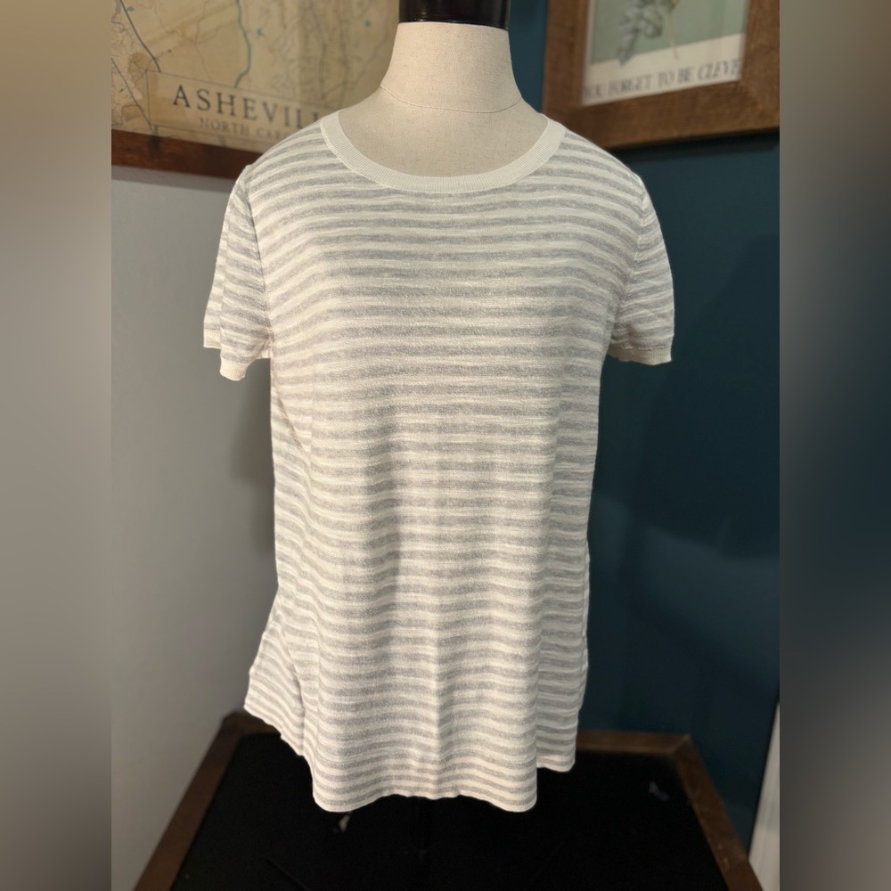 LOFT Heather Gray and White Striped Short Sleeve Tee